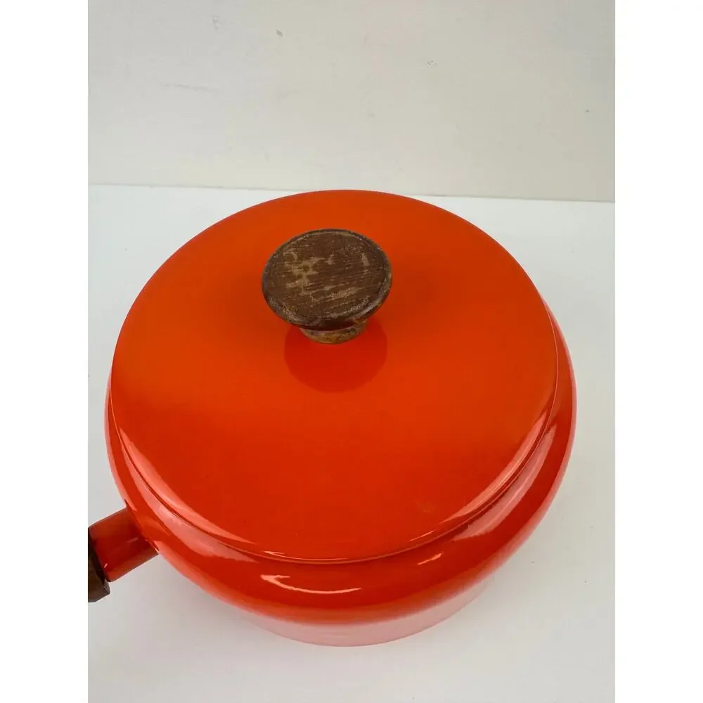 Vintage Bright Enamel Orange Fondue Pot Aluminum Wooden Single Handle with Lid